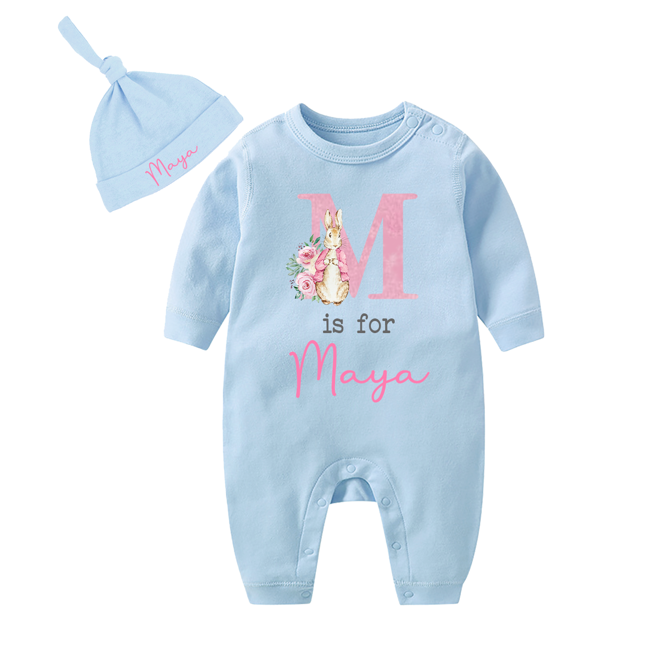 Personalized Pink Rabbit Romper And Hat Set