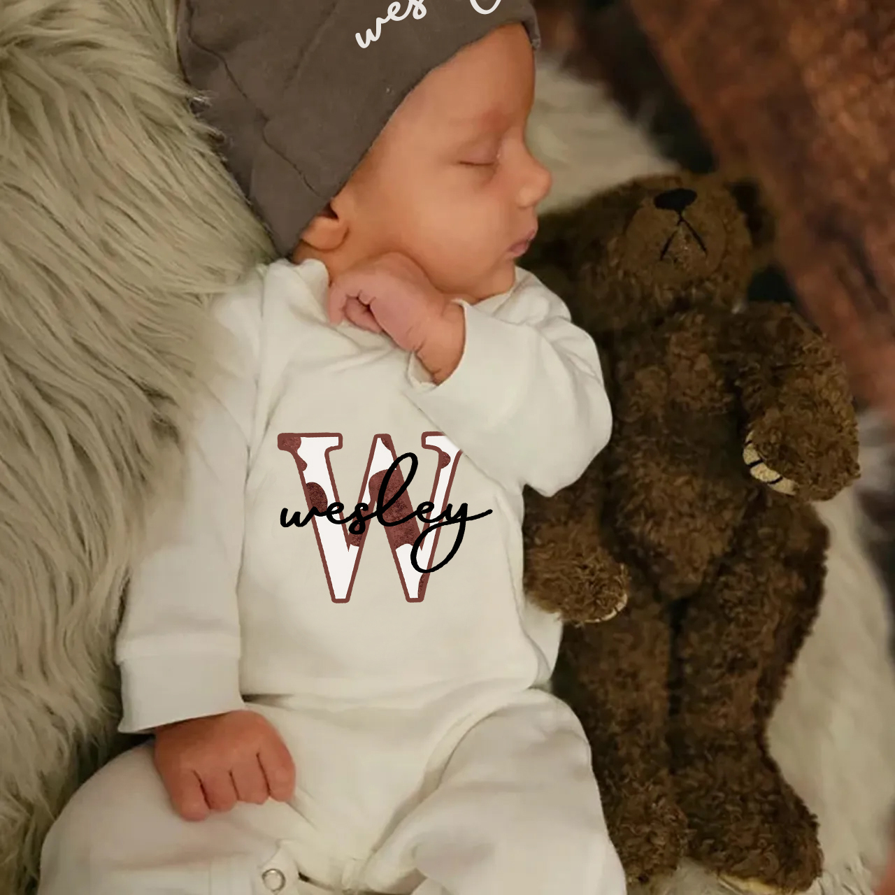Personalized Cow Print Neutral Baby Romper And Hat Set