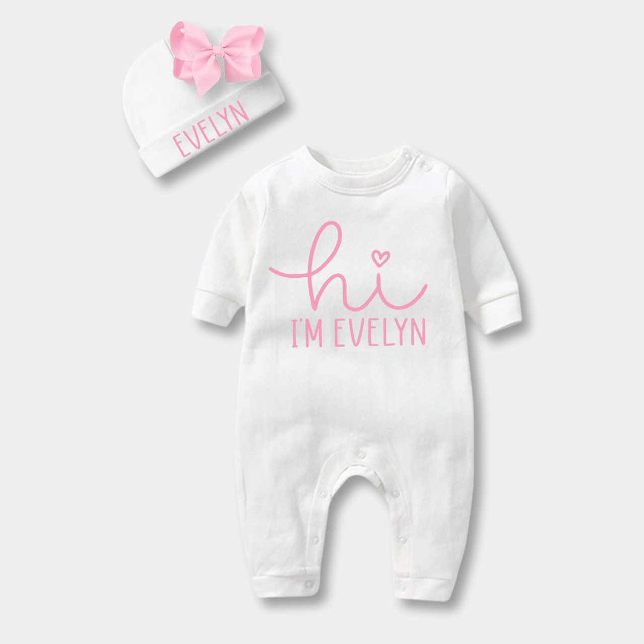 Personalized Hi I'm xxx Bodysuit & Bow Hat Set Beepumpkin