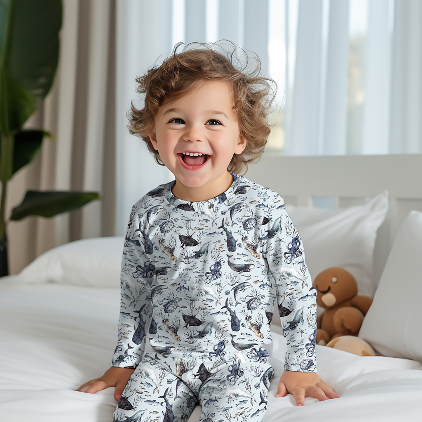 Watercolor Sea Life Two-Piece Pajama Set For Kids