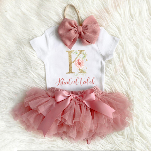 Personalized Vintage Pink Floral Baby Girl Tutu Outfit Set (3 Pieces)