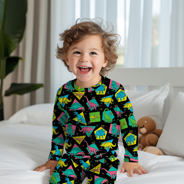 Retro Cartoon Dinosaurs Two-Piece Pajama Set For Kids