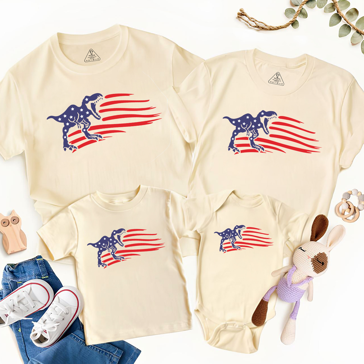 Patriotic Dinosaur American Flag Independence Day Family Matching Shirts
