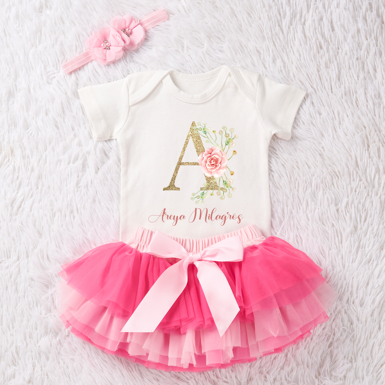 3 Pieces Personalized Golden Bloom Baby Girl Tutu Outfit Set