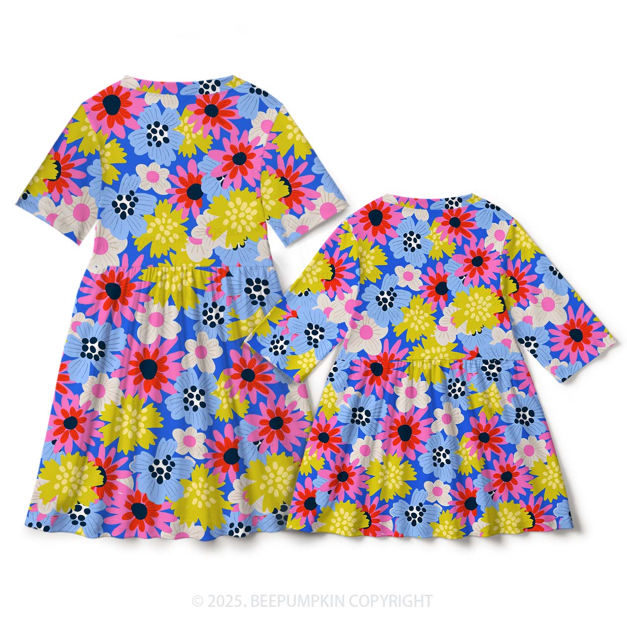 Colorful Summer Flowers Mom&Me Matching All Over Print Dress