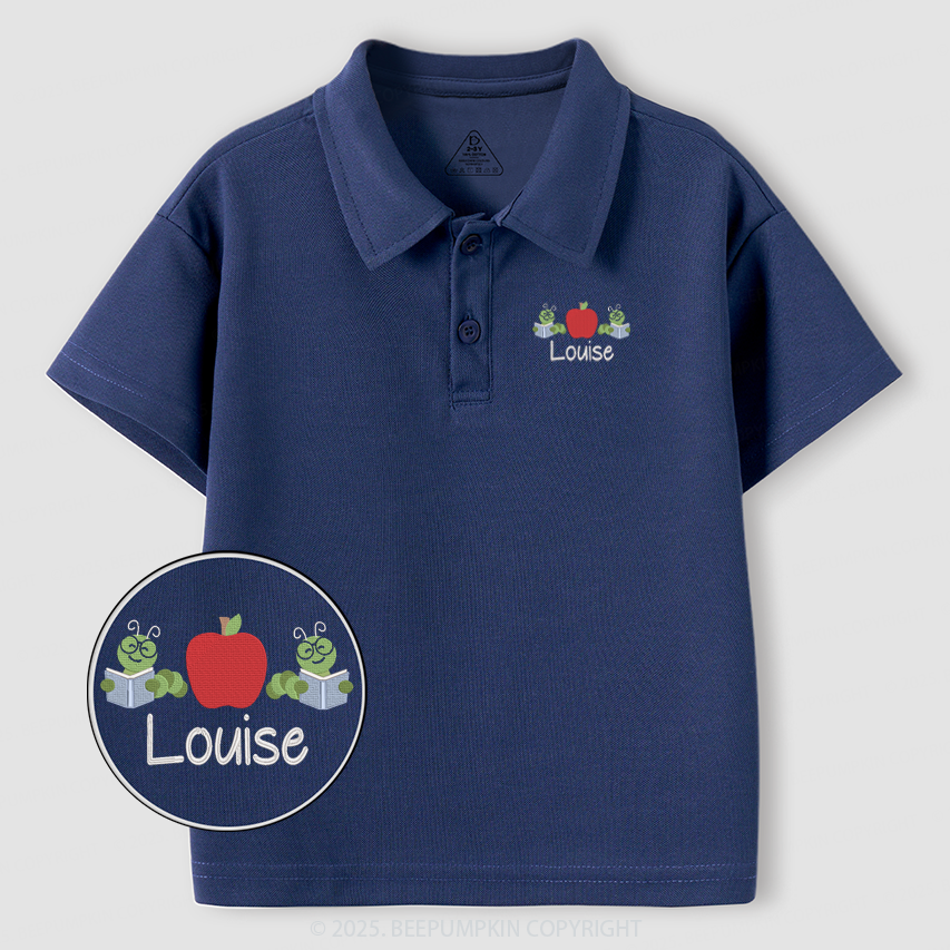 Embroidery Personalized Bookworm With Apple Toddler&Kid's Polo Shirt Beepumpkin