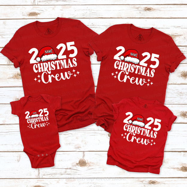 Personalized Christmas Crew 2025 Name On Santa Hat Shirts