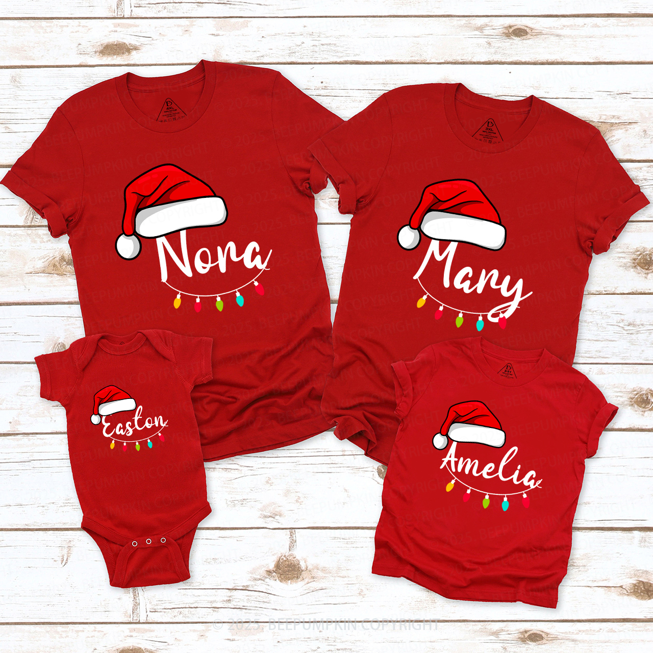 Personalized Santa Hat & Holiday Lights Family Matching T-Shirts Beepumpkin