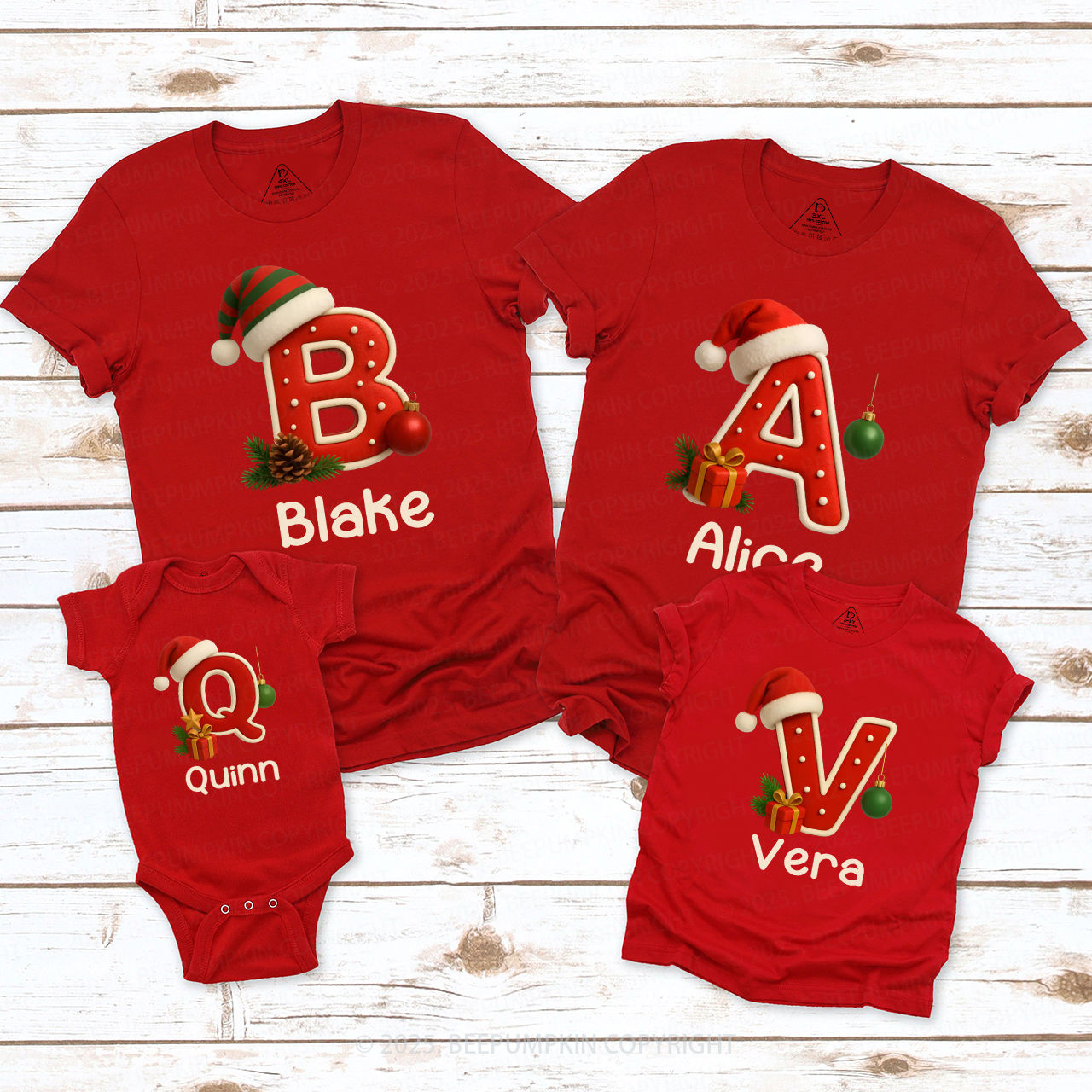 Personalized Santa Hat & Gift Alphabet Christmas Family Matching T-Shirts Beepumpkin