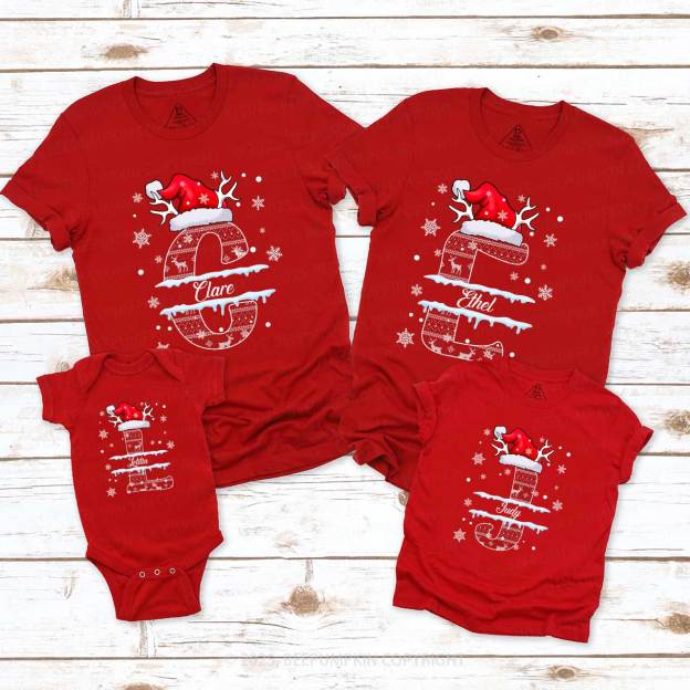 Personalized Christmas Red Elk Snowflakes Name Family Matching T-Shirts Beepumpkin