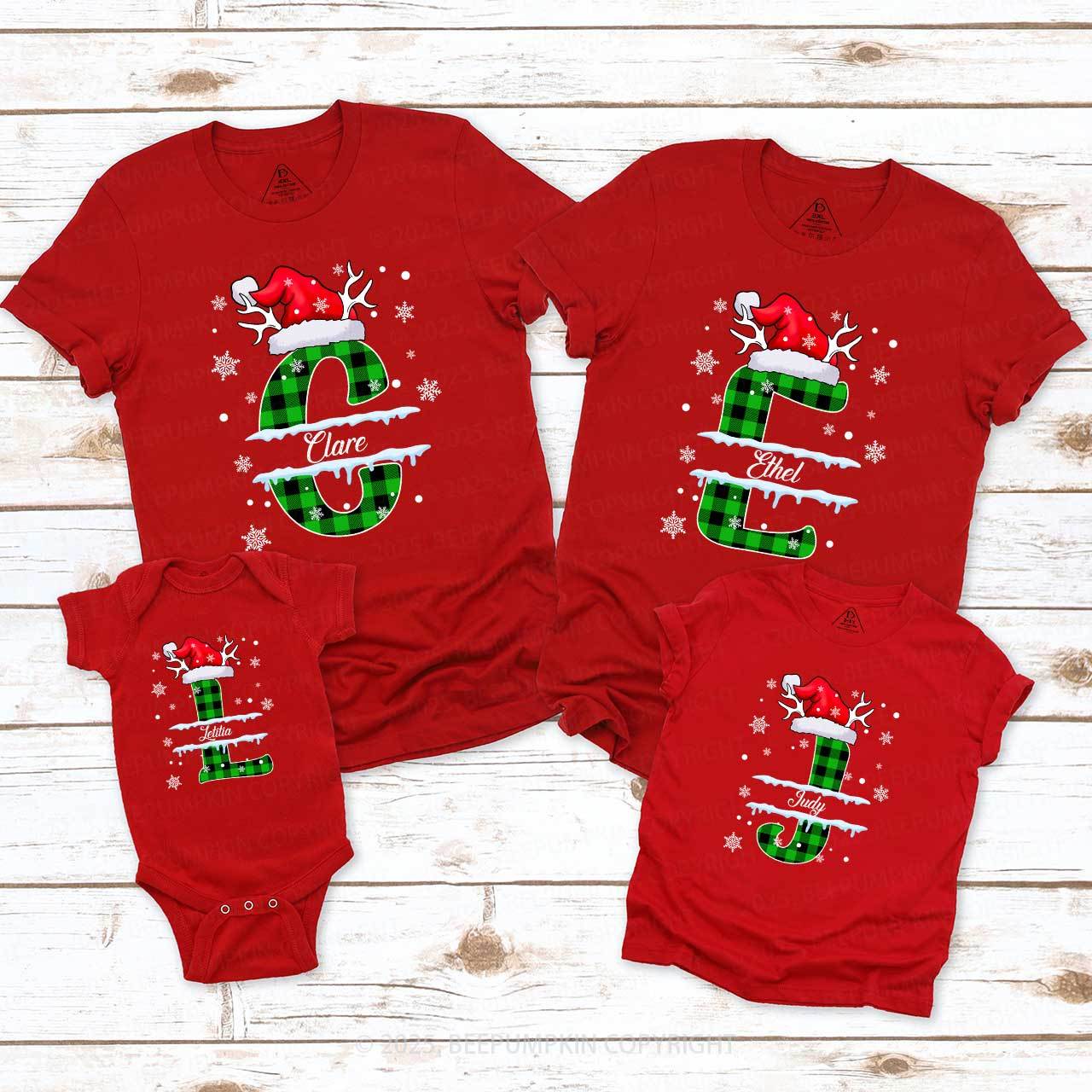 Personalized Christmas Green Plaid Snowflakes Name Family Matching T-Shirts Beepumpkin