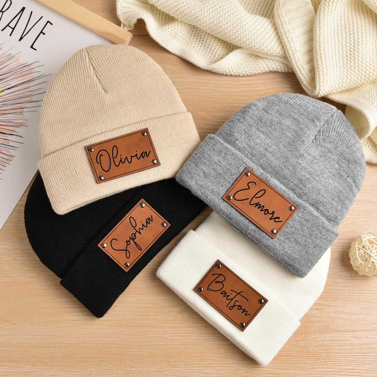 8 Colors Personalized Name Beanie Hat (Vegan Leather Patch)