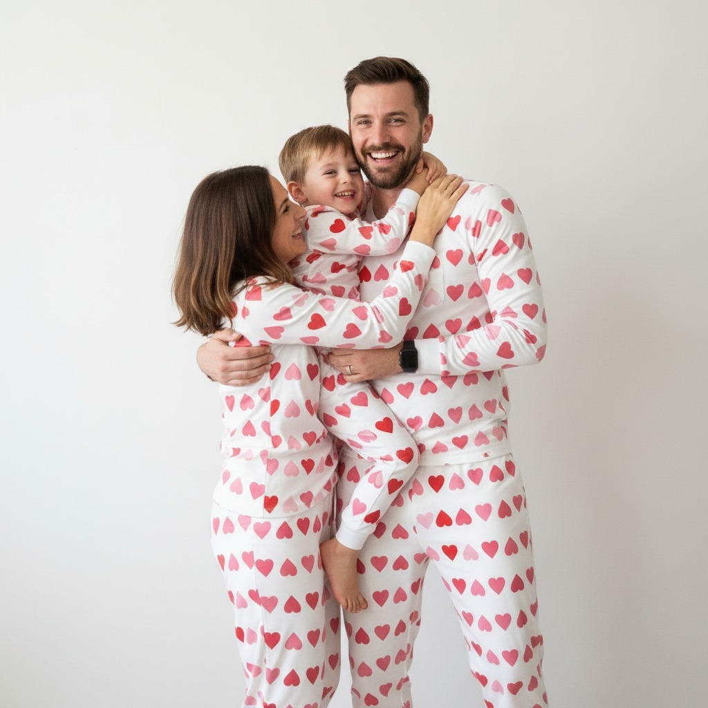 Red&Pink Upside-down Hearts All-Over Print Family Matching Cuffed Pajama Sets
