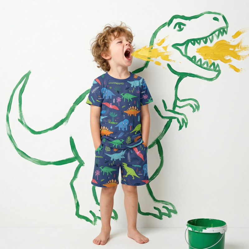 Colorful Dinosaur Dreams Two-Piece Pajama Short Sets For Toddler&Kids
