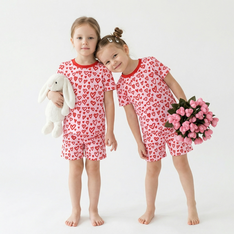 Little Hearts Two-Piece Pajama Short Sets For Toddler&Kids