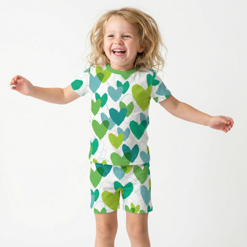 Sweet Green Hearts Two-Piece Pajama Short Sets For Toddler&Kids