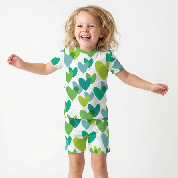 Sweet Green Hearts Two-Piece Pajama Short Sets For Toddler&Kids