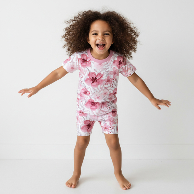 Pink Garden Two-Piece Pajama Short Sets For Toddler&Kids