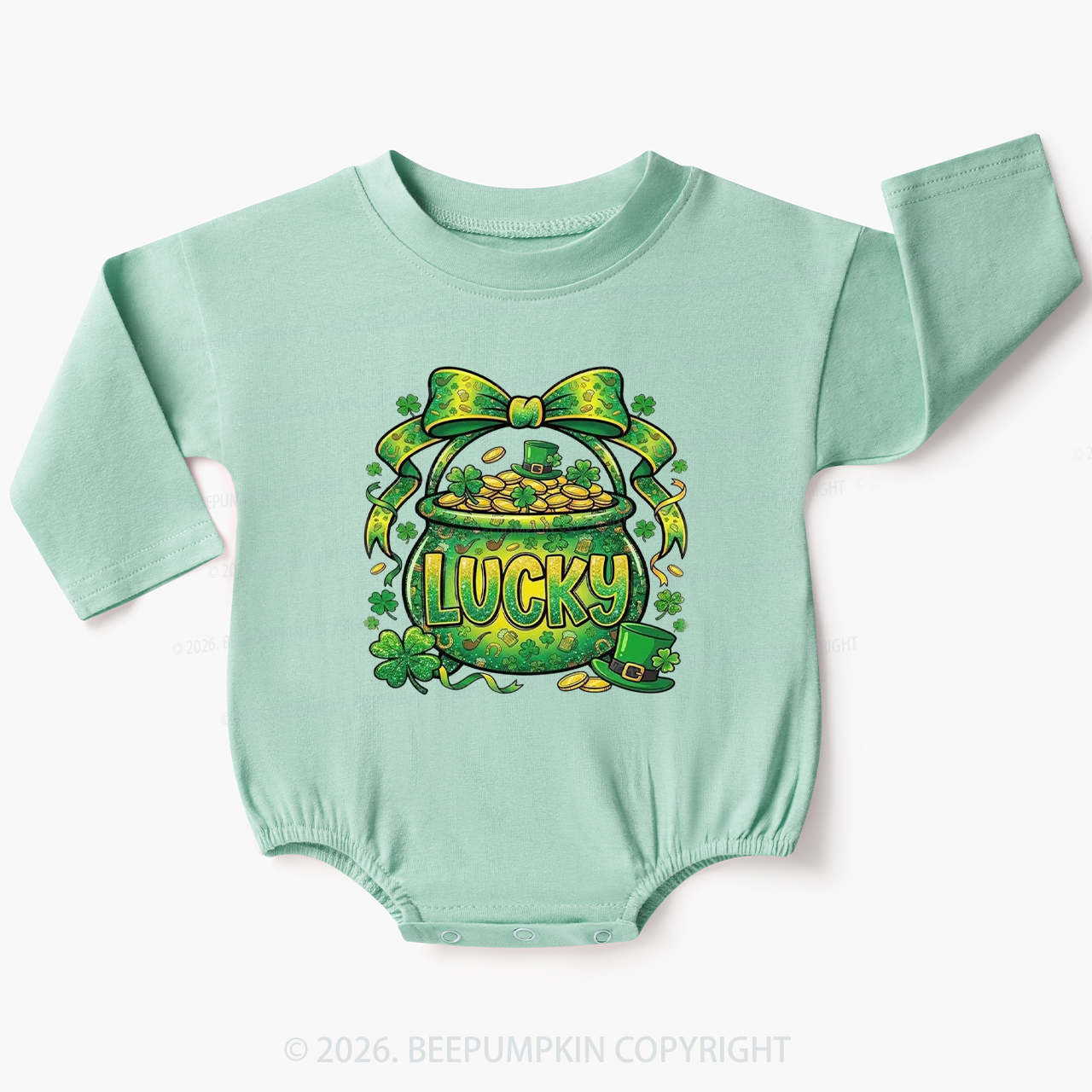 Lucky Shamrock Coquette St. Patrick's Day Baby Bubble Romper Beepumpkin