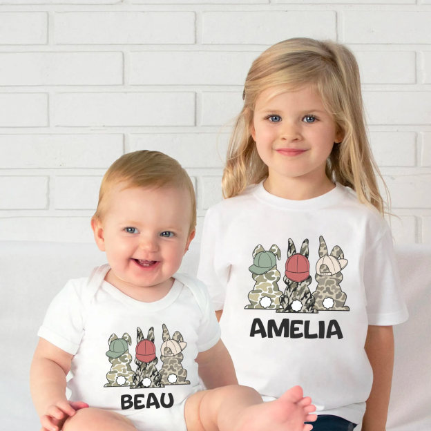 Personalized Camo Easter Bunny Matching Tees For Siblings