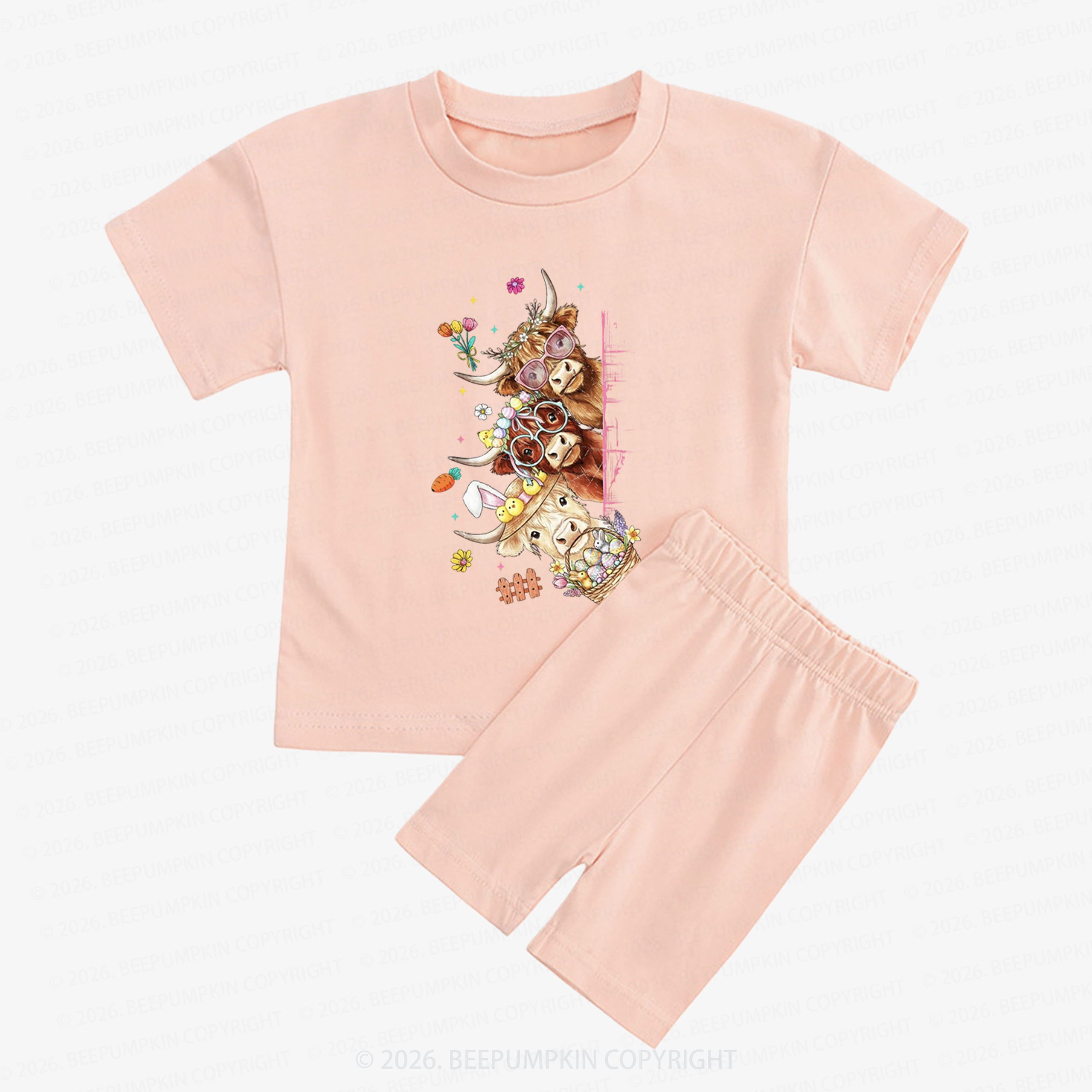 Easter Day Highland Cow&Bunny Kids Biker Shorts&Tee