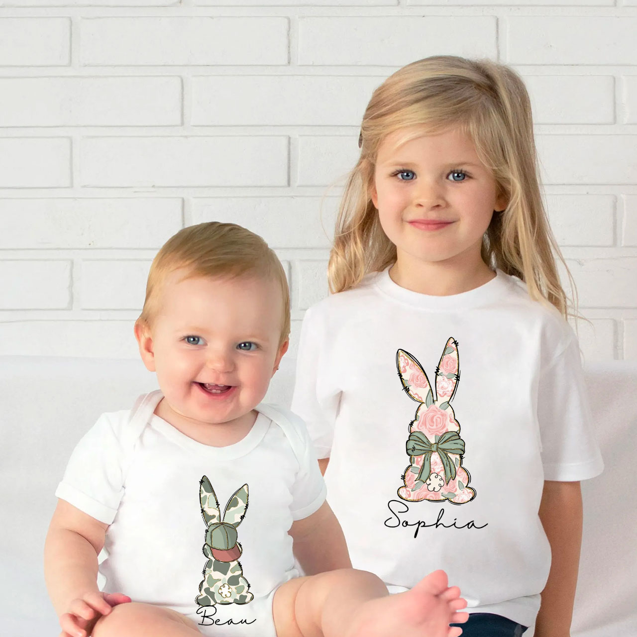 Personalized Floral Easter Bunny Matching Tees For Siblings