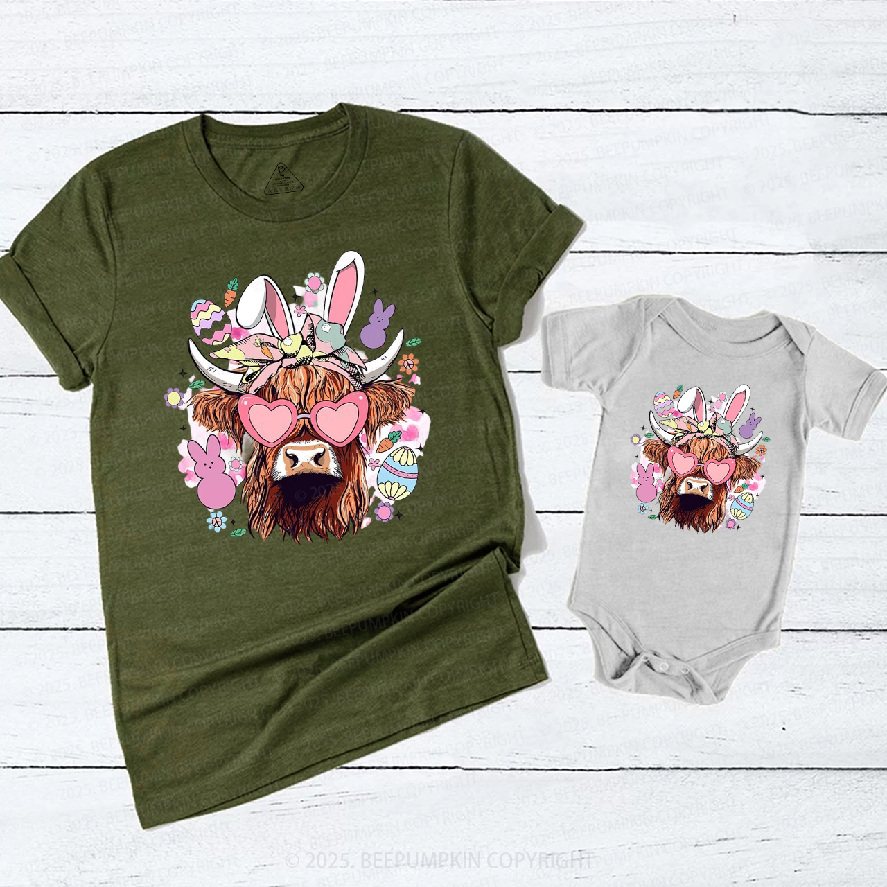 Easter Cute Highland Cow Mom&Me Matching Tees