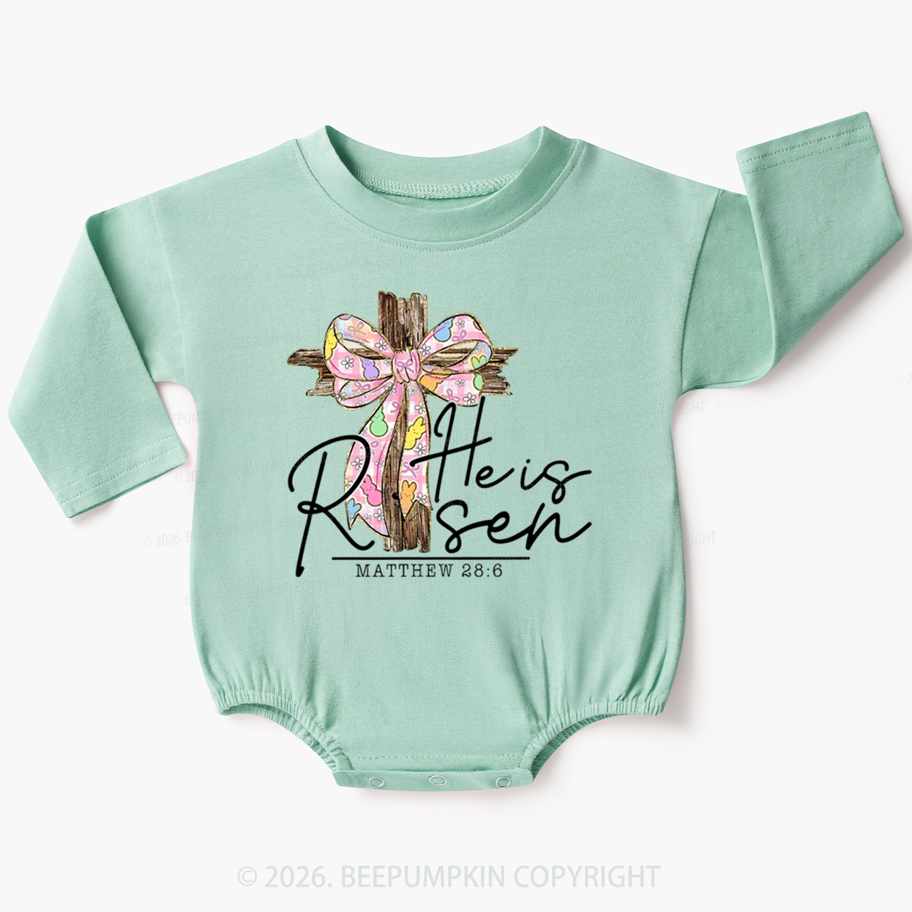 He Is Risen Easter Coquette Bow Baby Bubble Romper