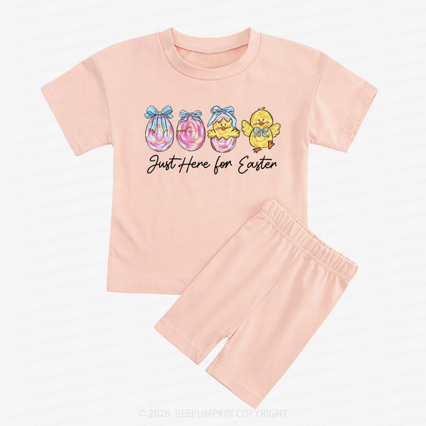 Just Here For Easter Pastel Eggs Coquette Kids Biker Shorts&Tee