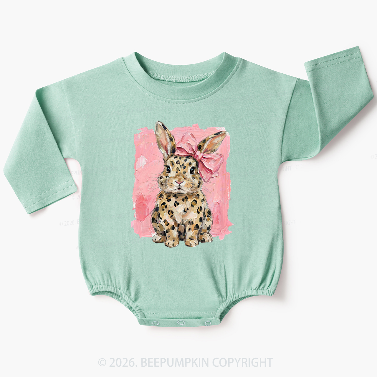 Oil Paint Leopard & Pink Bow Coquette Bunny Baby Bubble Romper