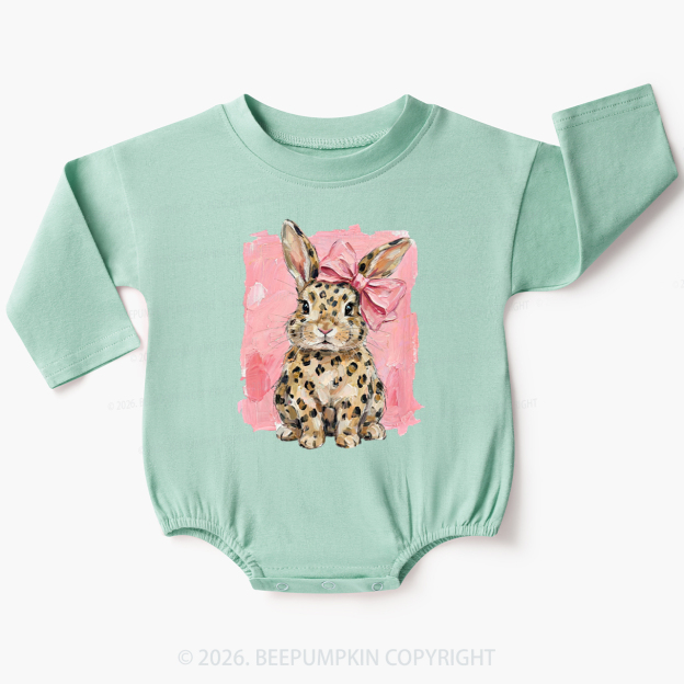 Oil Paint Leopard & Pink Bow Coquette Bunny Baby Bubble Romper