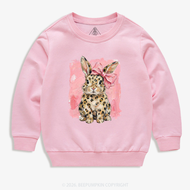 Oil Paint Leopard & Pink Bow Coquette Bunny Kid's Sweatshirt