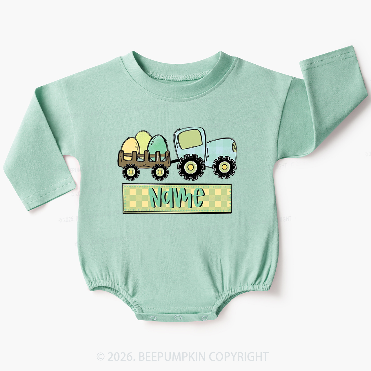 Personalized Name Easter Tractor Baby Bubble Romper