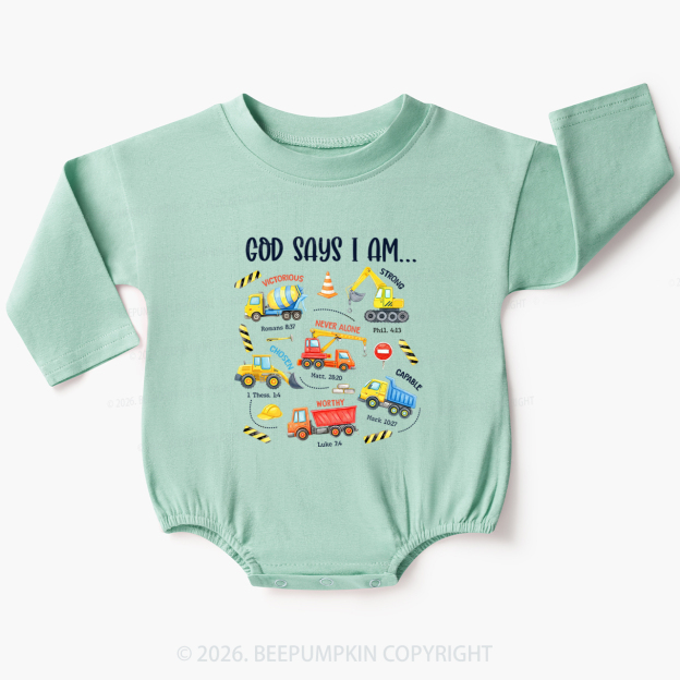 God Says I Am Construction Baby Bubble Romper
