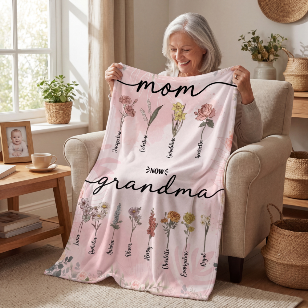Personalized First Mom Now Grandma Birth Flower Fleece Blanket