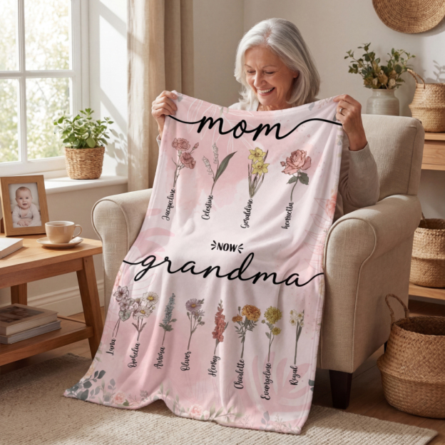 Personalized First Mom Now Grandma Birth Flower Fleece Blanket
