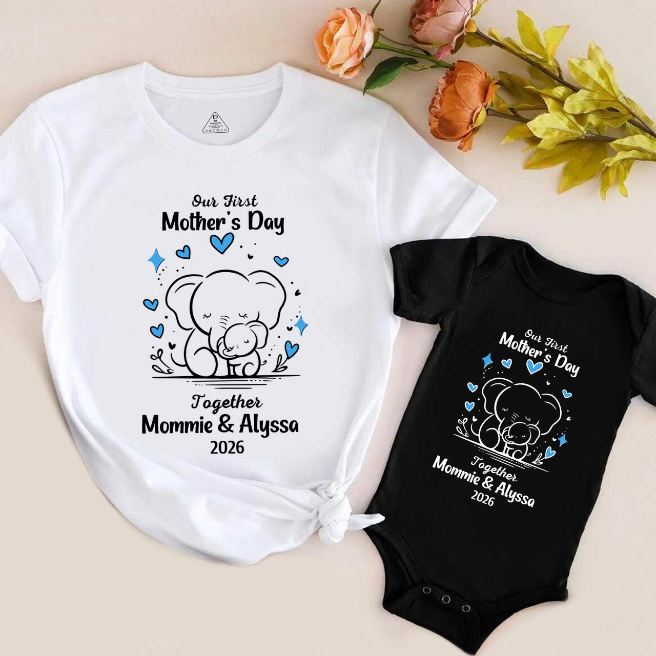 Personalised Line Elephant First Mothers Day Mom&Me Matching Tees