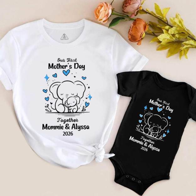 Personalised Line Elephant First Mothers Day Mom&Me Matching Tees