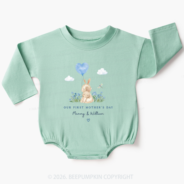 Personalized Our First Mother's Day Rabbit Together Baby Bubble Romper