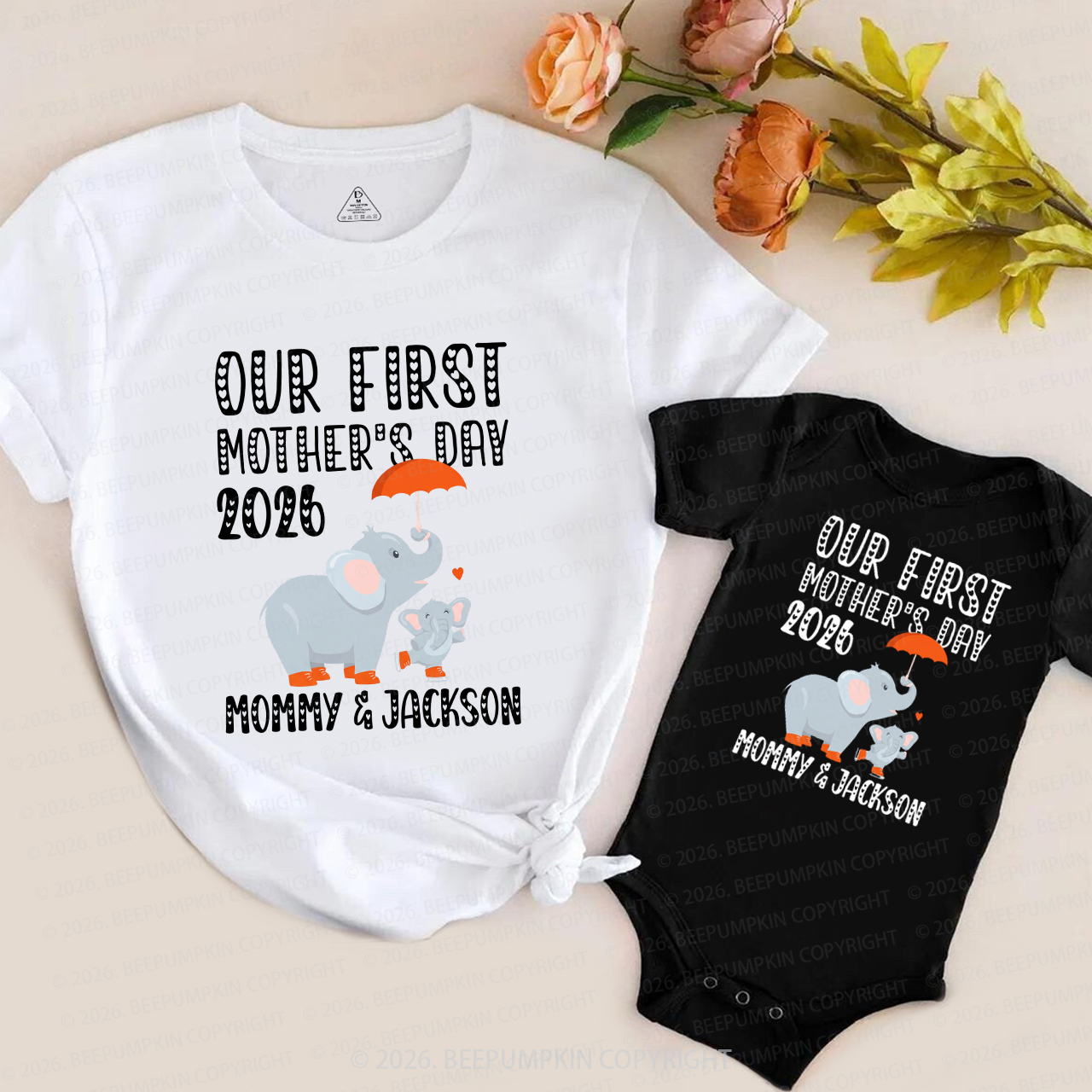 Personalized First Mother's Day Cute Elephant Mom&Me Matching T-Shirts