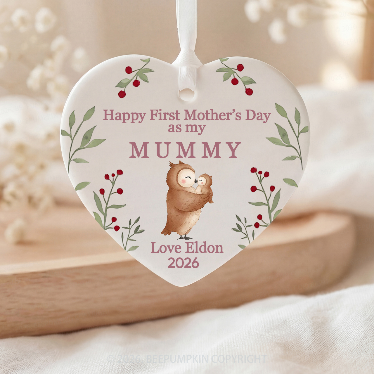 Personalized First Mother's Day Owl Ceramic Heart Ornament