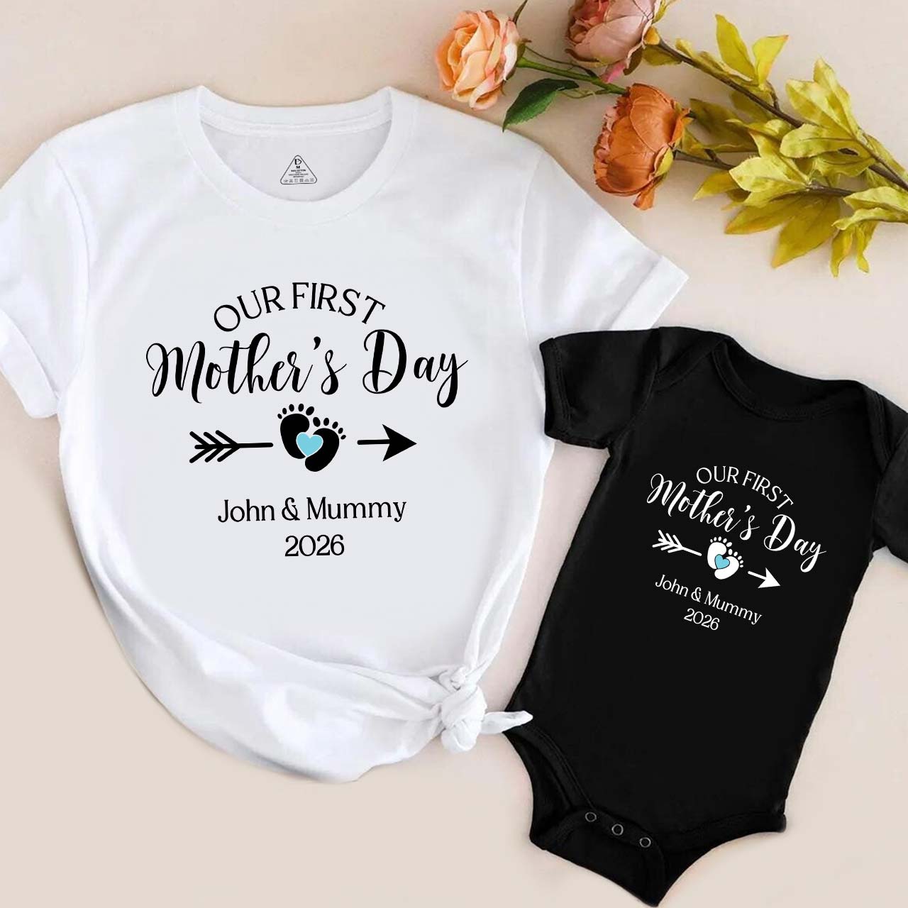 Personalized Mothers Day Footprint T-Shirts For Mom&Me