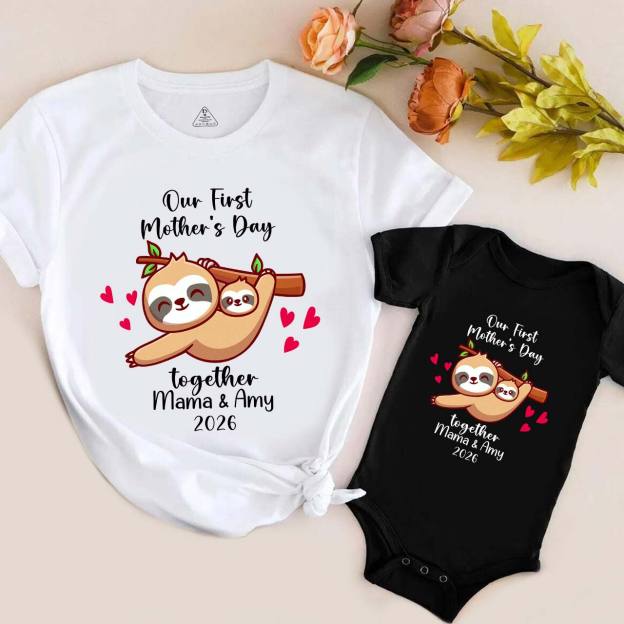 Personalized Funny Sloth 1st Mother's Day Mom&Me Matching Tees