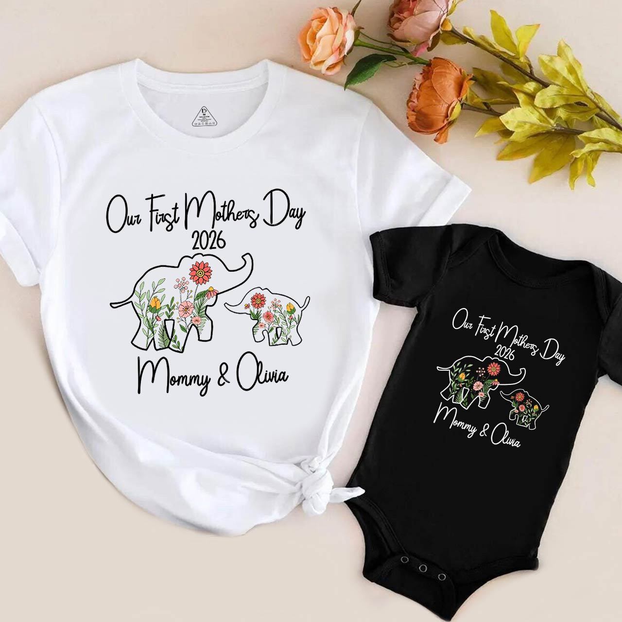 Personalized Flowers Elephant Mom&Me Matching Tees