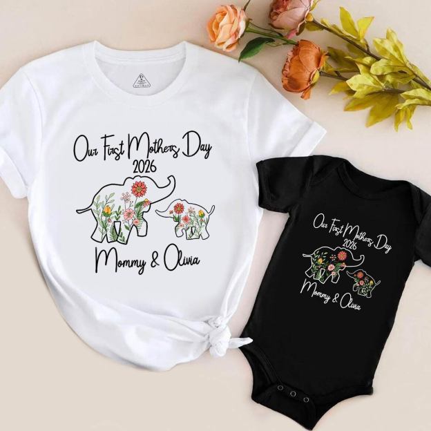 Personalized Flowers Elephant Mom&Me Matching Tees