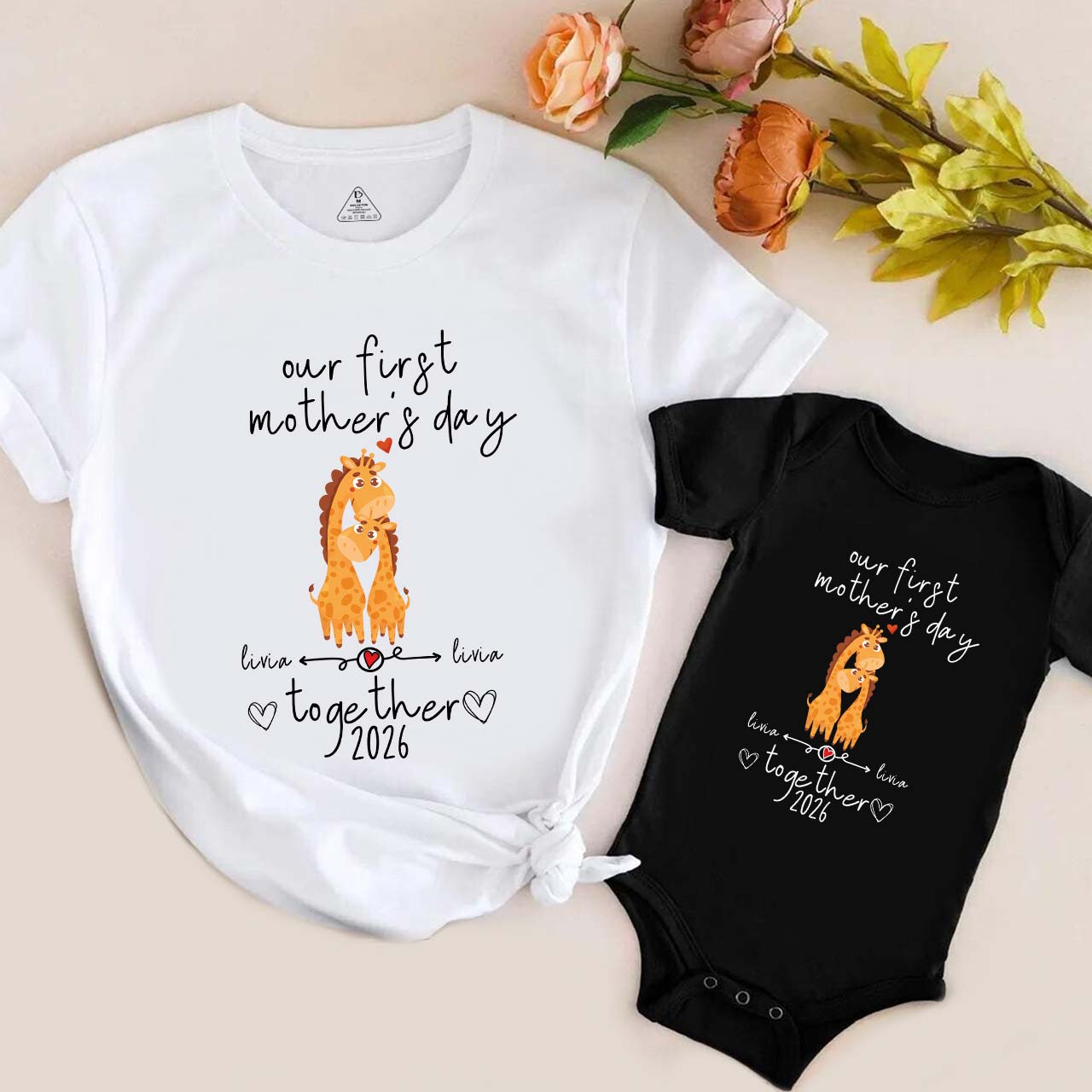 Personalized Giraffe Mother's Day Gift T-Shirts For Mom & Kids