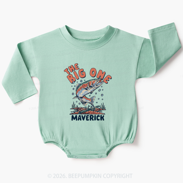 Personalized Retro The Big One Fishing Trout 1st Birthday Baby Bubble Romper