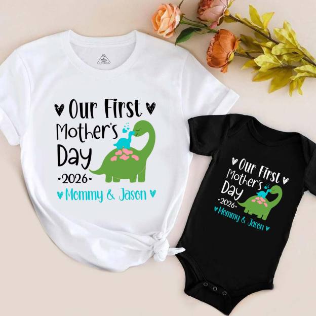 Personalized Our First Mothers Day Baby Dinosaur Mom&Me Matching Tees