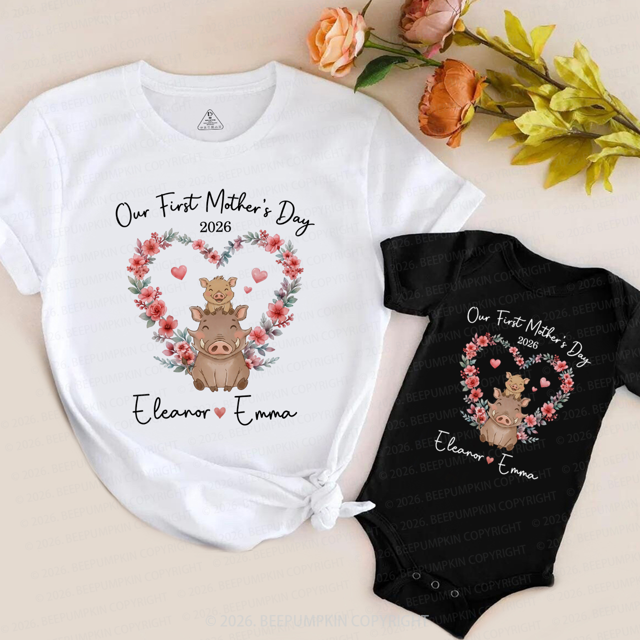Personalized Cute Wild Boar Heart Wreath Mom&Me Matching T-Shirts