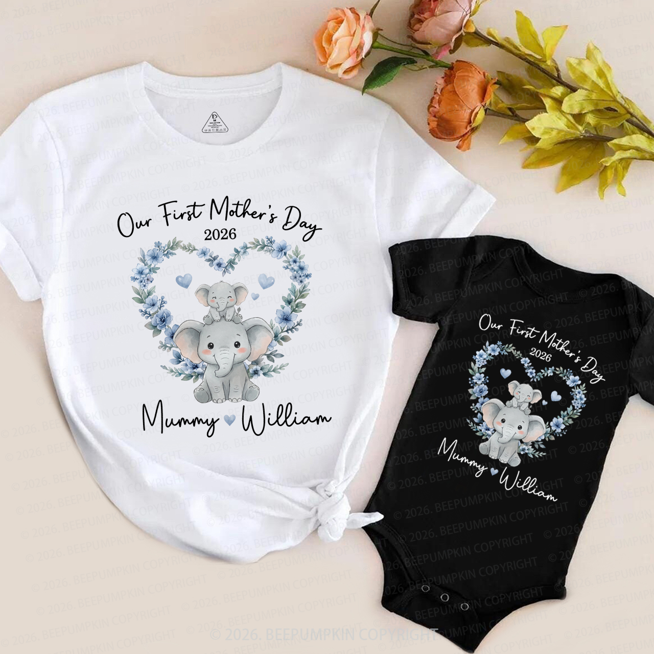 Personalized Cute Elephant Heart Wreath Mom&Me Matching T-Shirts